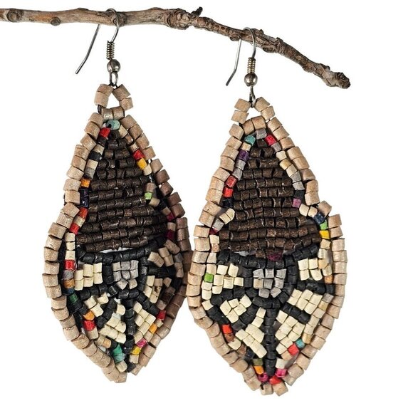 Wood Beaded Dangle Earings Leather Back Handmade Brown Multicolor Silver Tone - Picture 6 of 7